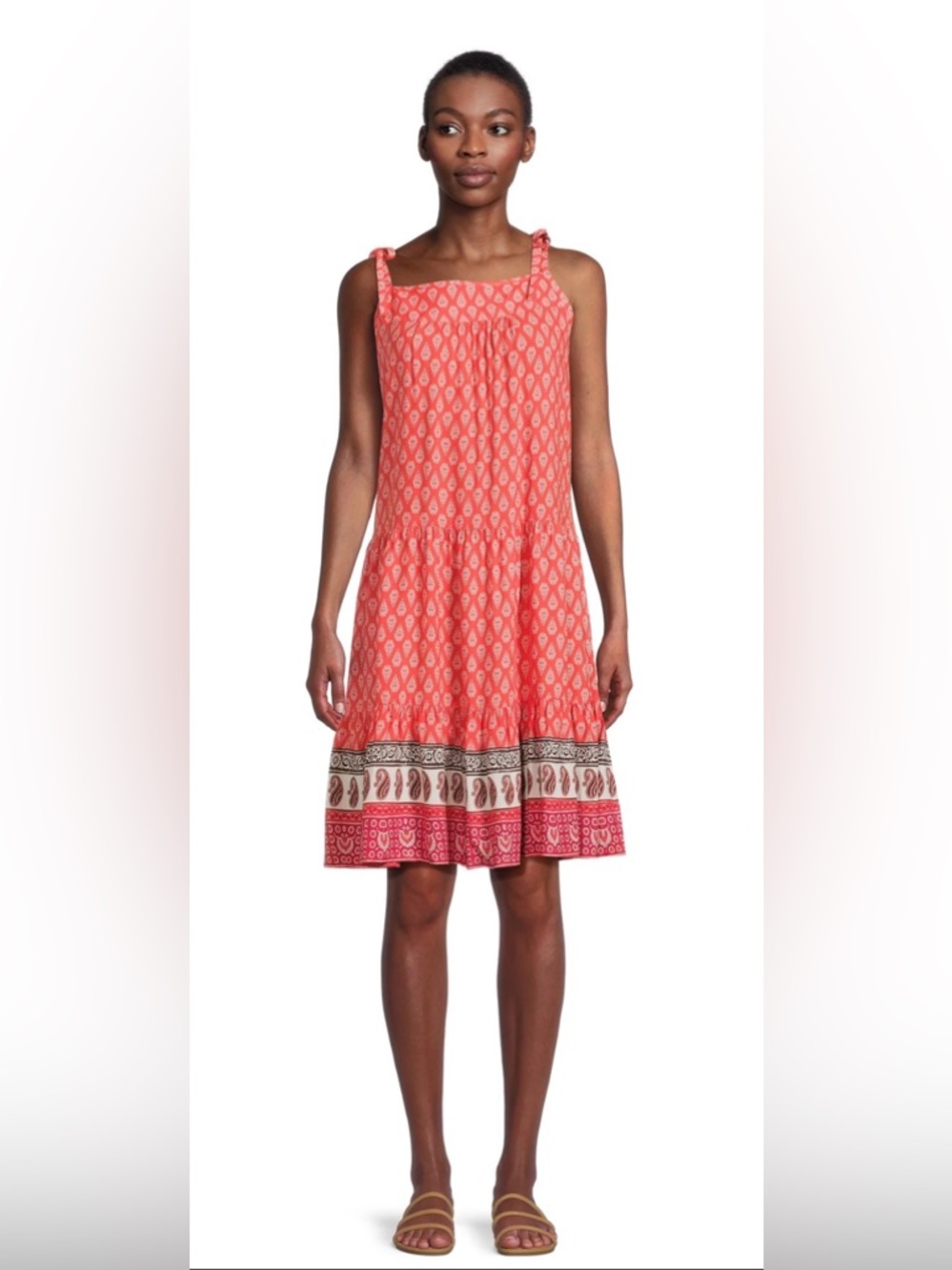 Beachlunchlounge Tiered Tie Shoulder Dress XL Red Multi Boho EUC